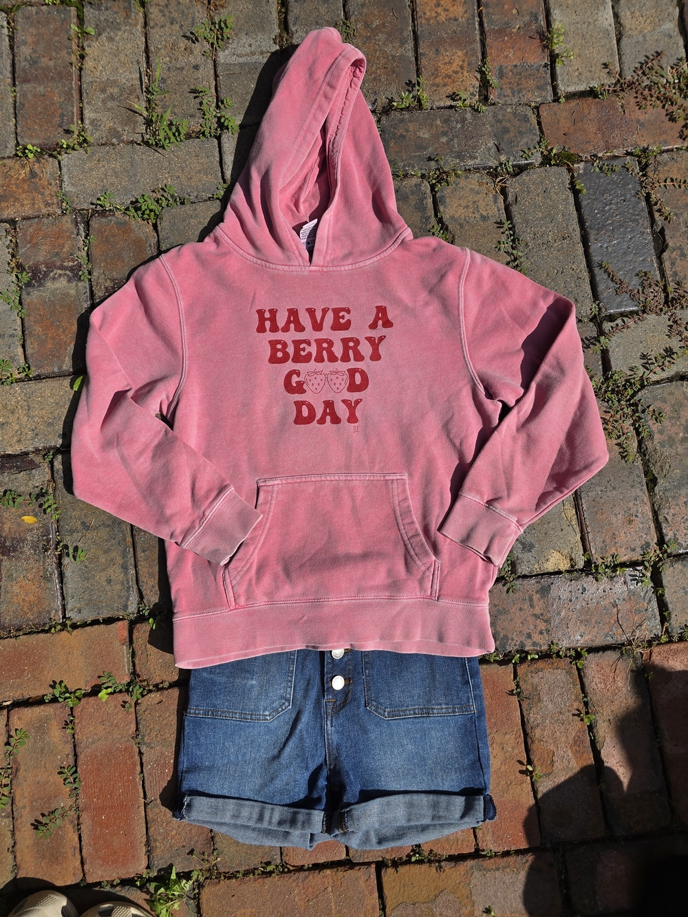 7 For All Mankind Jean Shorts Pink Have a Berry Good Day Hoodie Full Outfit BTS